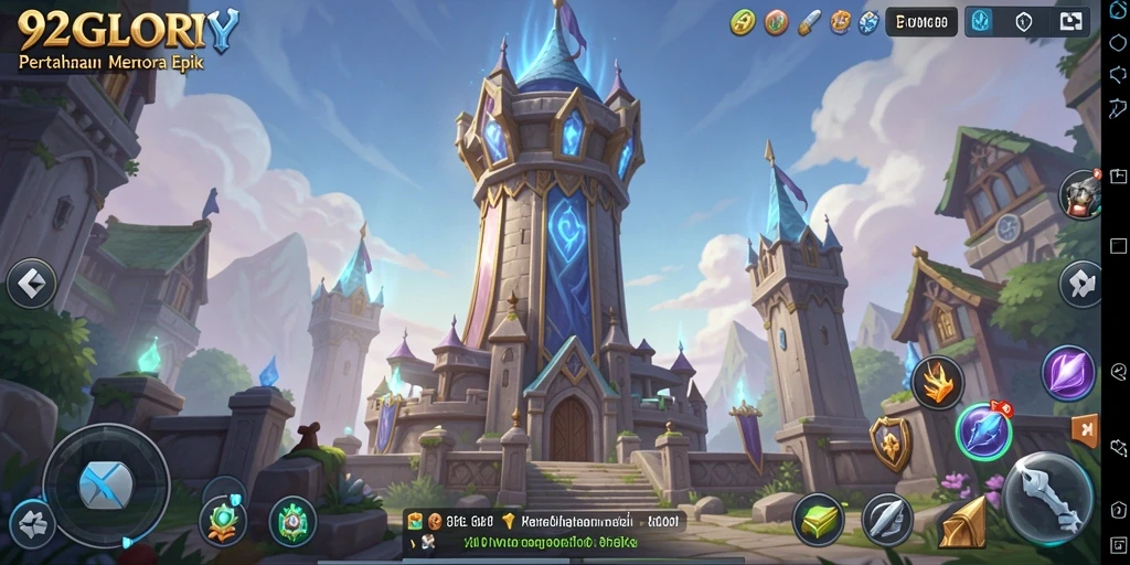 Screenshot gameplay 92GLORY menunjukkan menara yang sedang bertarung melawan gelombang musuh.