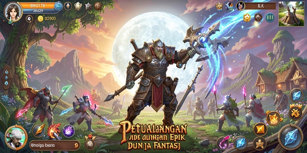 Screenshot gameplay BRO178 menampilkan pertempuran epik di dunia fantasi.