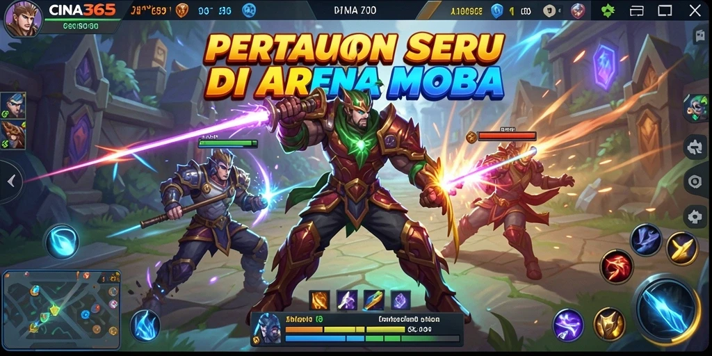 Tampilan seru gameplay CINA365 dalam pertarungan MOBA.