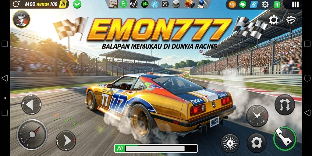 Screenshot gameplay EMON777 menampilkan balapan seru dan mobil yang menarik.