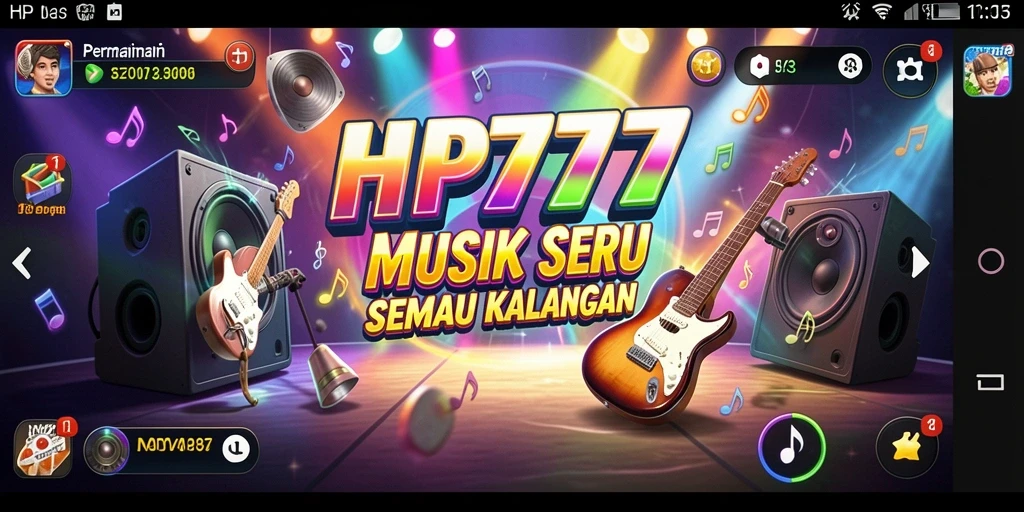 Screenshot menunjukkan gameplay seru dengan berbagai alat musik.
