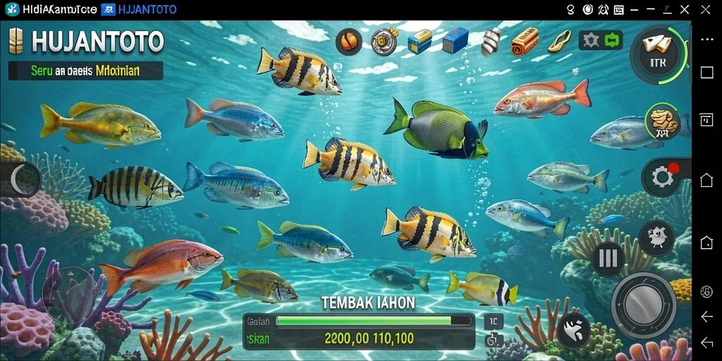 Screenshot menampilkan pemain sedang menembak ikan di HUJANTOTO.
