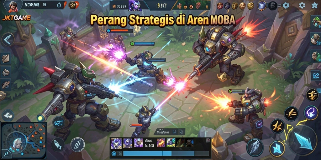 Tangkapan layar JKTGAME menampilkan aksi seru di arena pertempuran MOBA.