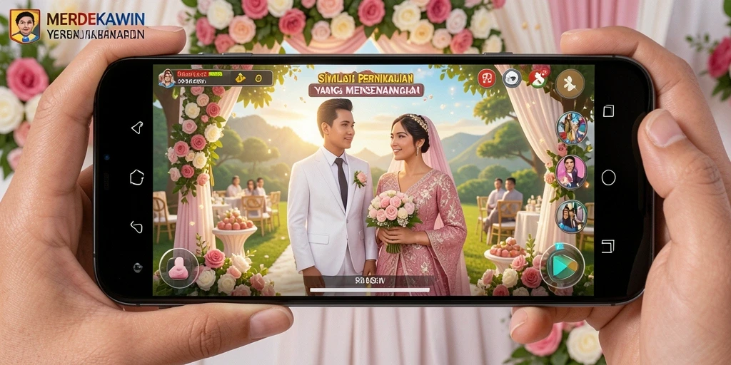 Menampilkan gameplay MERDEKAWIN dengan fitur kustomisasi pernikahan.