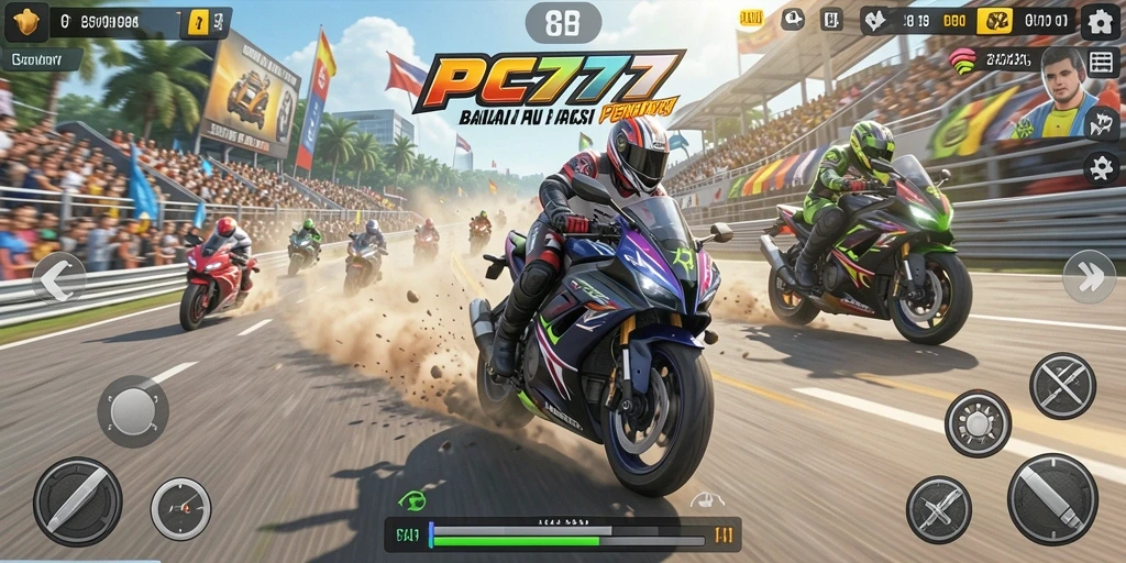 Gameplay menegangkan dalam PC777 dengan balapan motor cepat.
