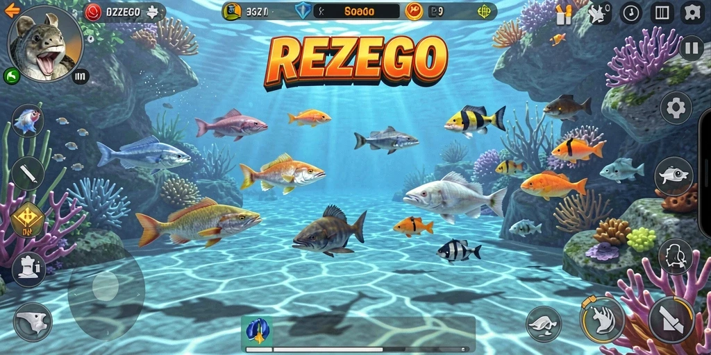 Screenshot gameplay REZEGO menampilkan aksi menembak ikan yang seru.