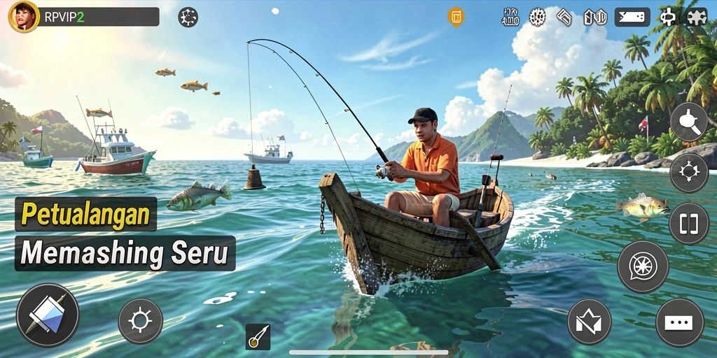 Tampilan gameplay RPVIP2 saat memancing ikan di laut.