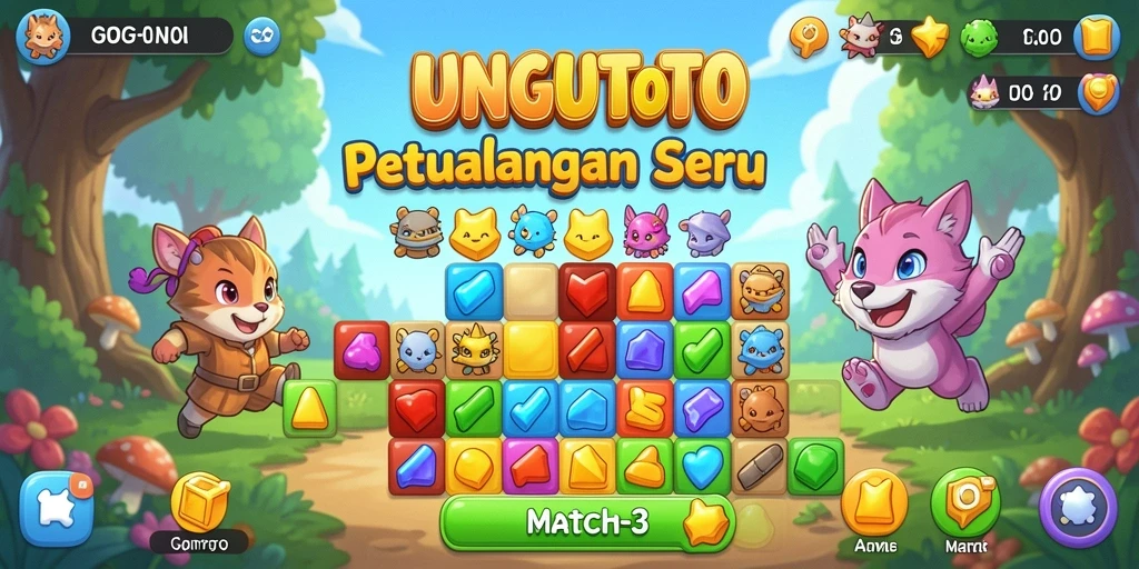 Gameplay seru UNGUTOTO dengan berbagai permata berwarna-warni.