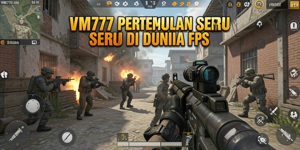 Screenshot utama VM777 menampilkan aksi tembak-menembak yang seru.