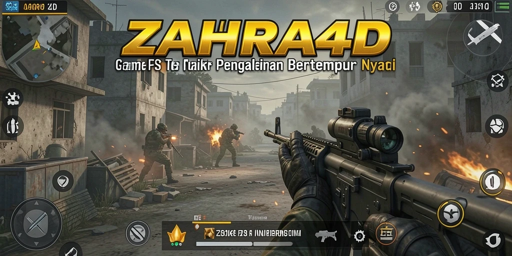 Screenshot utama ZAHRA4D menampilkan aksi tembak-menembak yang intens.